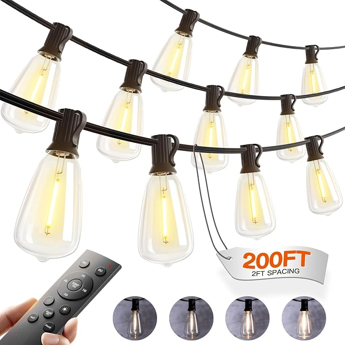addlon 200FT(50*4) Outdoor String Lights with Remote LED Edison Waterproof | 108 Plastic ST38 Shatterproof Bulb, Extra Long Lighting, Hanging for Patio Outside Backyard Pergola Bistro Porch Garden Party