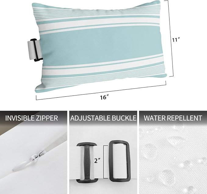 Outdoor Lumbar Pillow 11x16 Inch, Farmhouse Aqua Striped Waterproof Throw Pillow Covers with Insert, Modern Minimalist Stripes Decorative Chair Cushions for Patio Garden Recliner