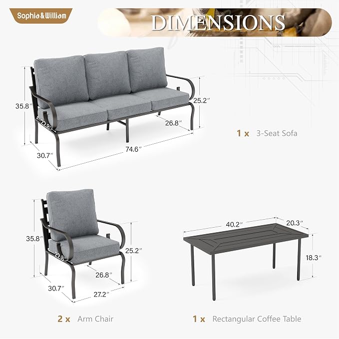 Sophia & William Patio Conversation Set for 5, 3-Seater Sofa, 2 Fixed Chairs and a Coffee Table, Metal Outdoor Furniture with 5.75" Extra Thick Cushions, Grey