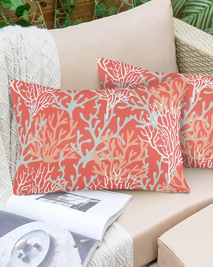 Outdoor Waterproof Throw Pillow Covers Set of 2 Red Orange Coral Lumbar Pillowcases 20x12 Inches Nautical Coastal Marine Life Patio Decorative Pillows Cushion Case Patio Pillows for Couch Bed Garden