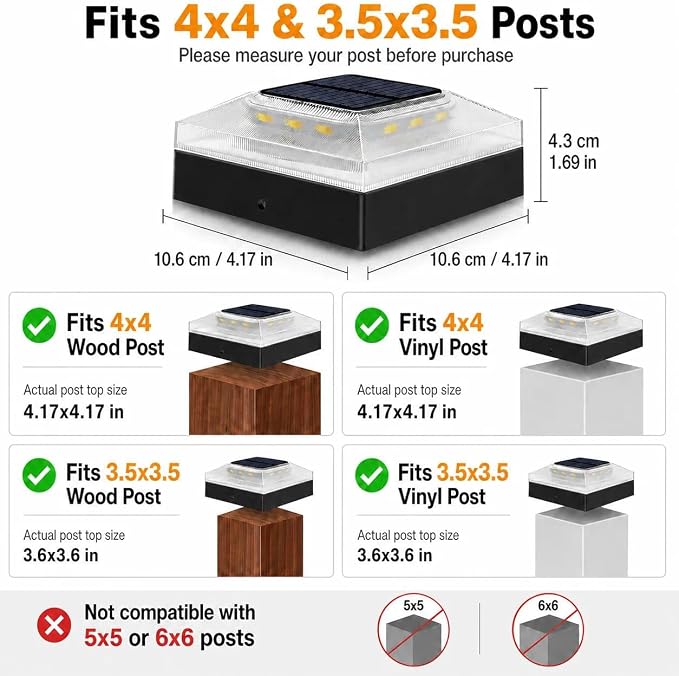 4x4 Solar Post Cap Lights Outdoor 12 Pack, 3 Color Modes/Dusk to Dawn/IP65 Waterproof, Fits 4x4 Vinyl/PVC Wood Posts Top, Black LED Fence Topper Light for Deck, Backyard