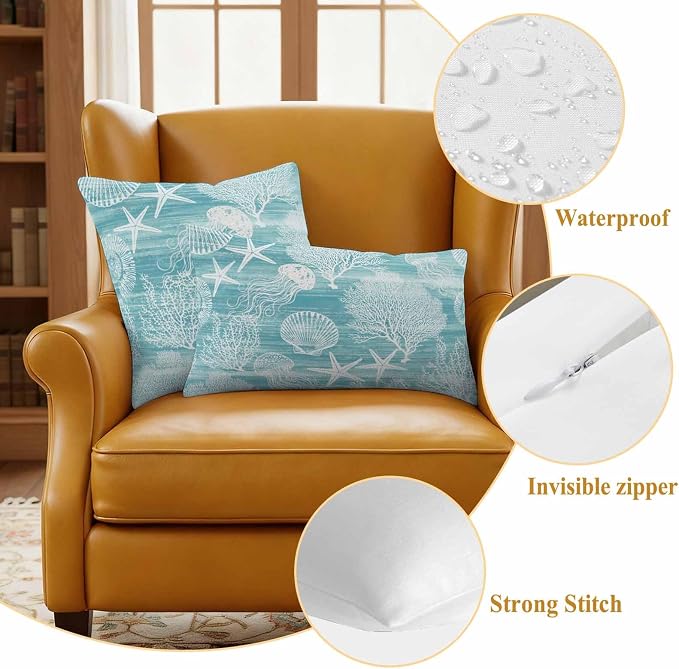 Teal Coastal Outdoor Waterproof Throw Pillow Covers Set of 2, 18"x18", Nautical Starfish Jellyfish Coral Summer Decorative Pillow Covers Outside Cushion Case for Patio Porch Garden