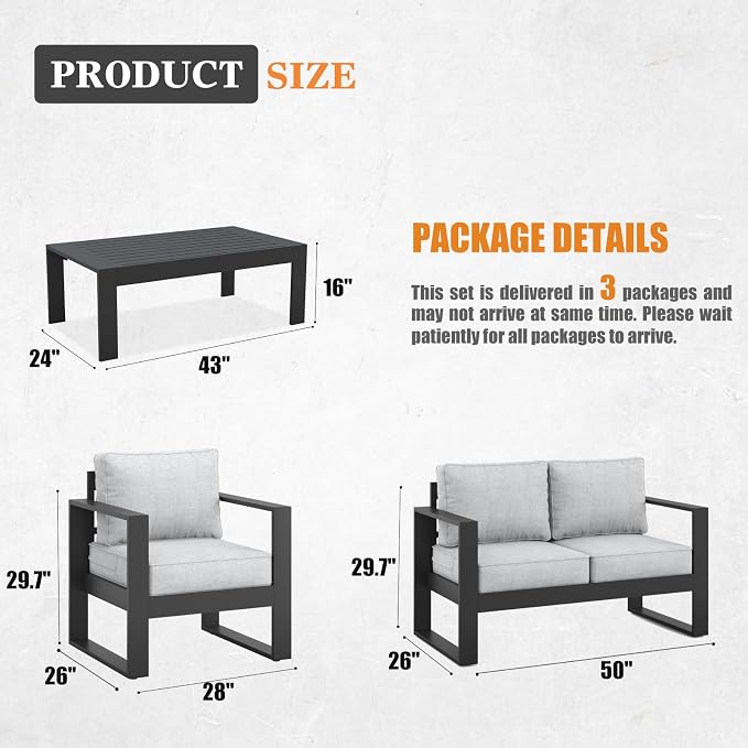 Outdoor Aluminum Furniture Set - 4 Pieces Modern Patio Conversation Sets Metal Sectional Sofa with Coffee Table