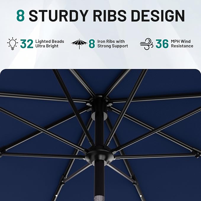AreShark 9FT Patio Umbrella with Solar Lights, 32 Lighted Pool Umbrella w/Tilt and Crank, Outdoor Market Solar Umbrellas for Garden, Deck, Backyard, Pool and Beach, Navy