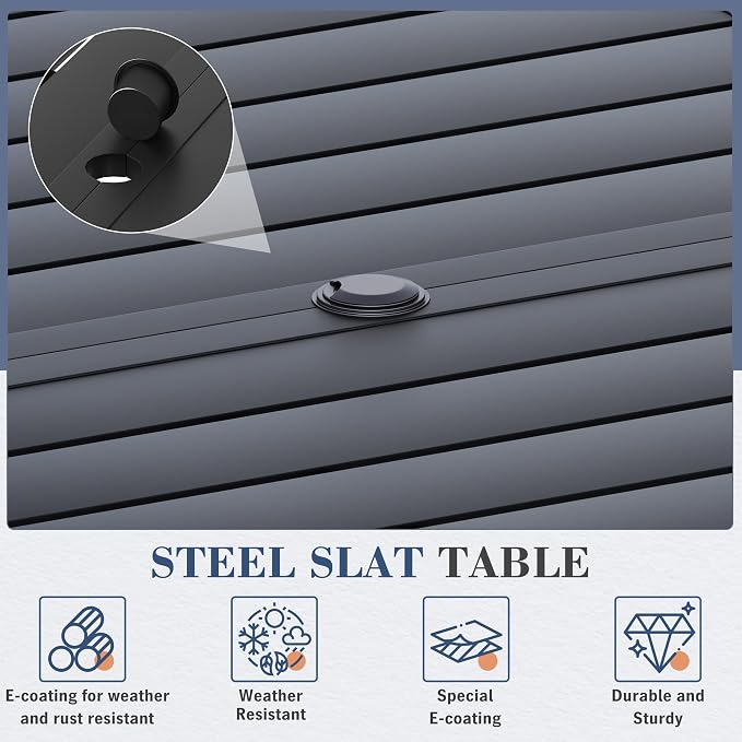 HOMREST 7 Piece Outdoor Patio Dining Set for 6, 63" Rectangular Metal Table with Umbrella Hole and Storage Shelf, Stackable Steel Chairs, Large Patio Furniture Set for Deck/Backyard/Poolside/Garden