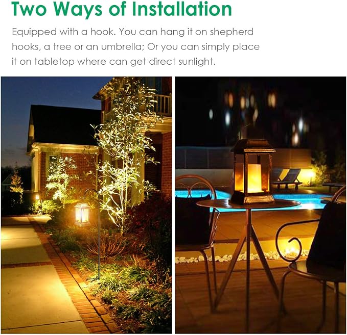 TomCare Flickering Flame Solar Lights Outdoor Metal Hanging Lantern, 2 Pack | Realistic Flame Effect, Charges in 6-8 Hours, 10-12-Hour Runtime, IP65 Waterproof, Auto On/Off for Patio, Garden and Porch