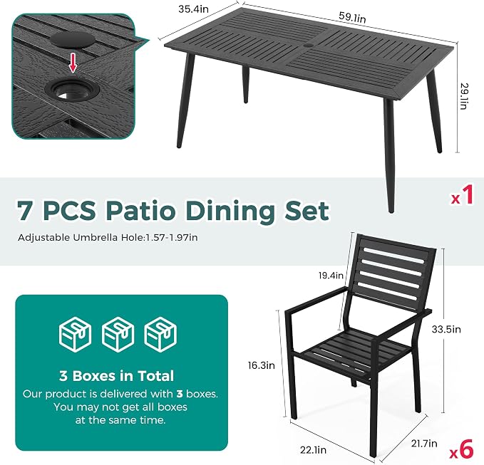 Pamapic 7-Piece HDPE Outdoor Dining Set, All-Weather Patio Furniture Set with Powder-Coated Iron Frame, Outdoor Table & 6 Stackable Chairs for Garden, Backyard, Poolside, Deck