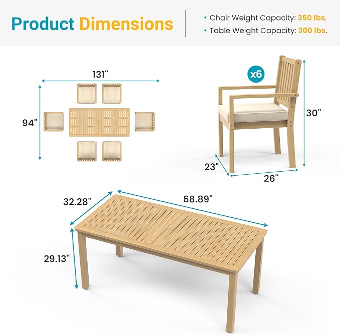 FansaFurn 7 Pieces Acacia Outdoor Patio Table and Chairs Set for All-Weather, Outside Furniture with Table Umbrella Hole and Removable Cushion for 6, Outdoor Patio Furniture Set for Garden, Brown