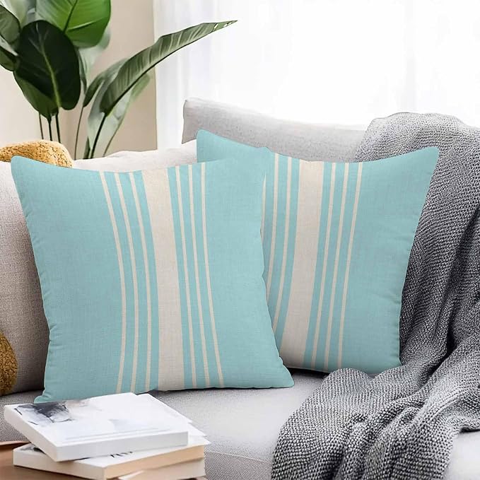 Outdoor Waterproof Pillows Cover Pack of 2 Modern Light Blue Striped Burlap Texture Decorative Pillowcases with Zipper Cushion Case for Patio Tent Couch Garden 18 x 18 Inches