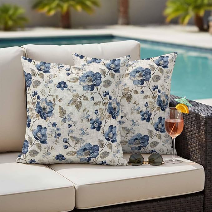 Blue Gray Waterproof Outdoor Pillow Covers 24''x24'' Set of 2, Vintage Botanical Patio Furniture Spring Florals Cushion Covers for Chairs, Decorative Farmhouse Pillow Cases for Garden/Pool/Beach