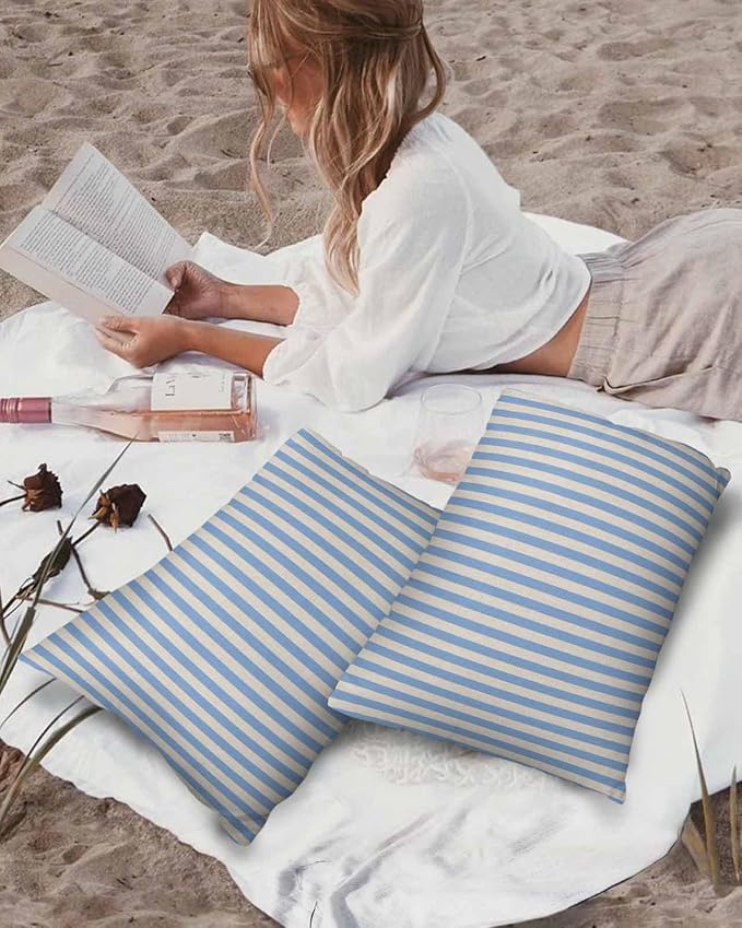 Outdoor Waterproof Throw Pillow Covers Set of 2 Blue Stripes Lumbar Pillowcases 20x12 Inches Linen Classic Vertical Striped Patio Decorative Pillows Cushion Case Patio Pillows for Couch Bed Garden