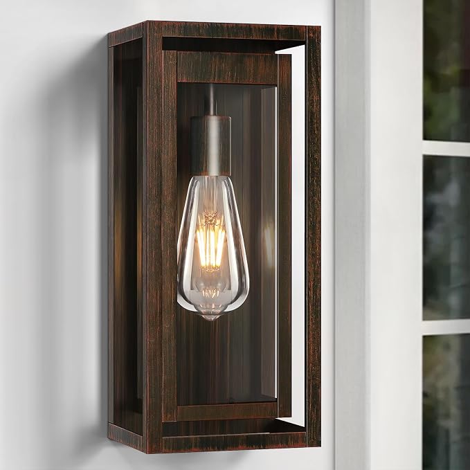 15" Large Outdoor Light Fixture Wall Mount, Distressed Brown Outdoor Sconce Lights, Modern Waterproof Exterior Porch Lights with Clear Glass Shade for Front Door, Garage, 1 Pack