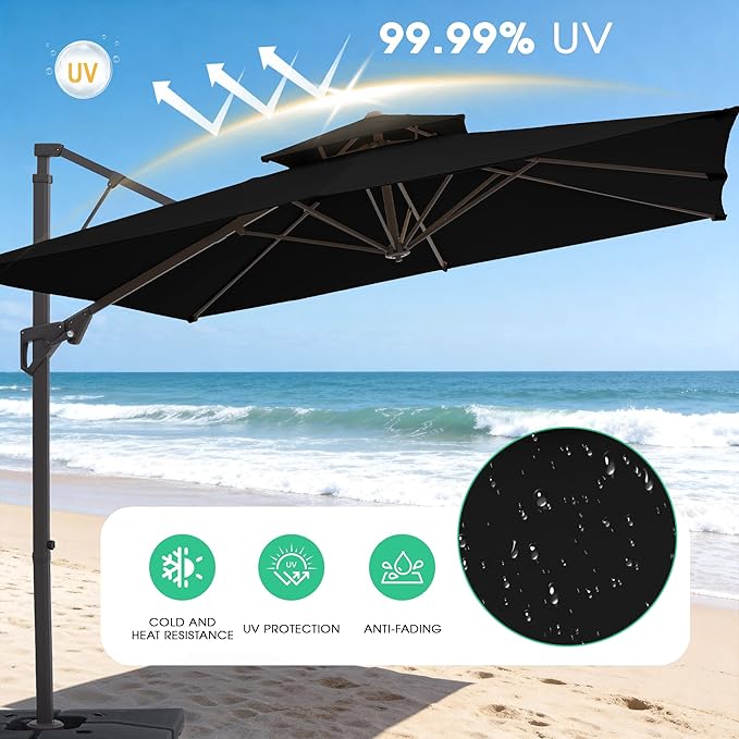 JEAREY 9ft 2-Tier Cantilever Patio Umbrella, Large Square Outdoor Offset Umbrella with Double Top Vent and 360-degree Rotation for Garden, Deck, Pool, Patio, Black