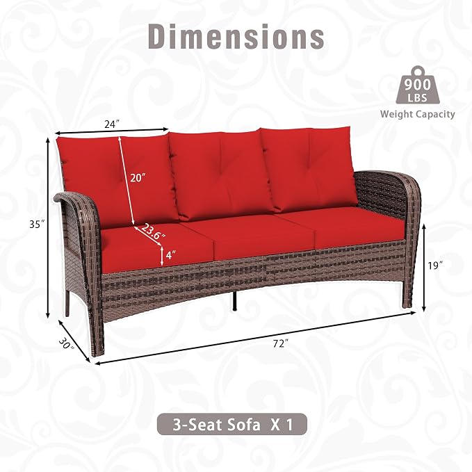 Patio 3-Seater Sofa, PE Wicker Outdoor Lounge with Thick Removable Cushions, Rust-Proof Steel Frame, 900LBS Capacity, Red