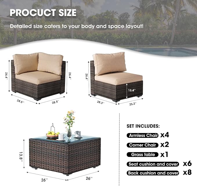 7 Piece Patio Furniture Set, Outdoor Wicker Sectional Sofa - All Weather High Backrest PE Rattan Couch Conversation Set with Cushion & Glass Top Table for Backyard Deck (Beige, L-7 pcs w/Glass Table)