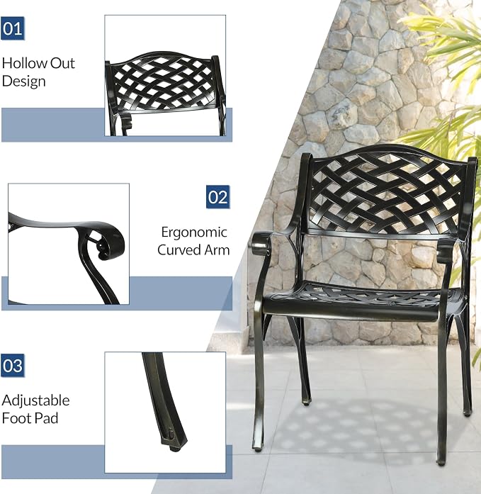 9-Piece Patio Cast Aluminum Dining Set, Outdoor Table and Chairs Set for 8, Includes 64" Large Square Dining Table and 8 Chairs with Umbrella Hole, Patio Furniture Set for Deck Garden