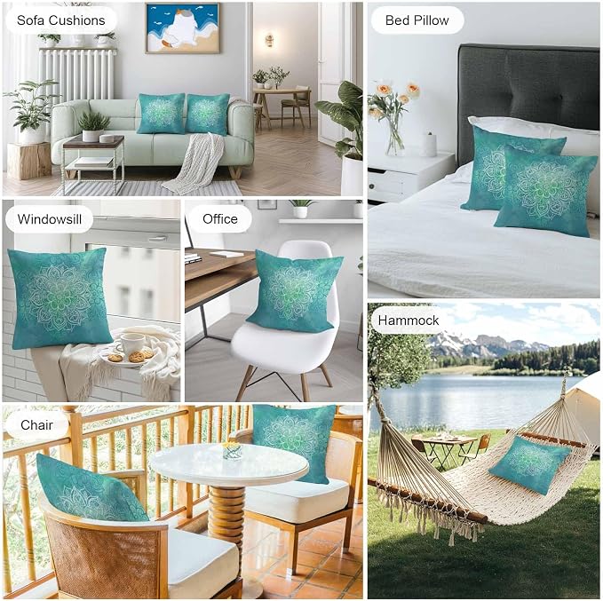 Vandarllin Outdoor Throw Pillows Covers 26x26 inch Set of 2 Waterproof Turquoise Boho Floral Decorative Zippered Cushion Covers for Patio Furniture, Bohemian Flower Lumbar Pillowcases