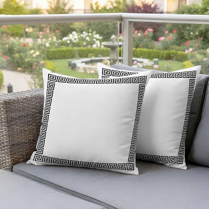 Outdoor Pillow Covers Set of 2, Abstract Inspired Greek Key Pattern Decorative Throw Pillow Covers 16X16IN, Geometric Twist Line on White Throw Pillows Protector Cushion Case for Patio,Couch,Sofa
