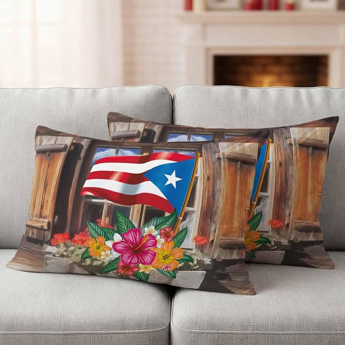 Puerto Rico Flag Outdoor Pillow Covers 20x12 Inch Lumbar Pillow Covers Set of 2 Waterproof Decorative Throw Pillow Cases Farmhouse Retro Flowers American Flags Cushion Covers for Patio Furniture