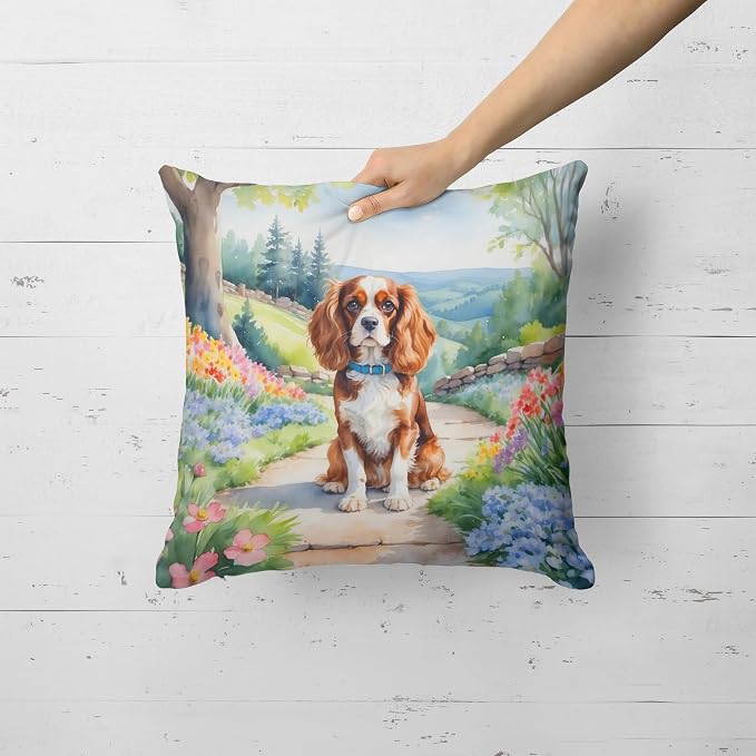 Caroline's Treasures Cavalier Spaniel Spring Path Throw Pillow Machine Washable, Indoor Outdoor Decorative Pillow for Couch, Bed or Patio, 18Hx18W