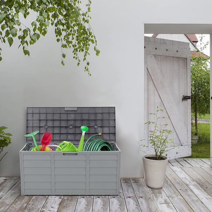 VINGLI 75 Gallon Resin Outdoor Deck Box, 75 Gallon Patio Storage Box with Side Handles, Lockable Storage Containers for Patio Furniture Cushions, Pool Accessories, Garden Tools, Grey