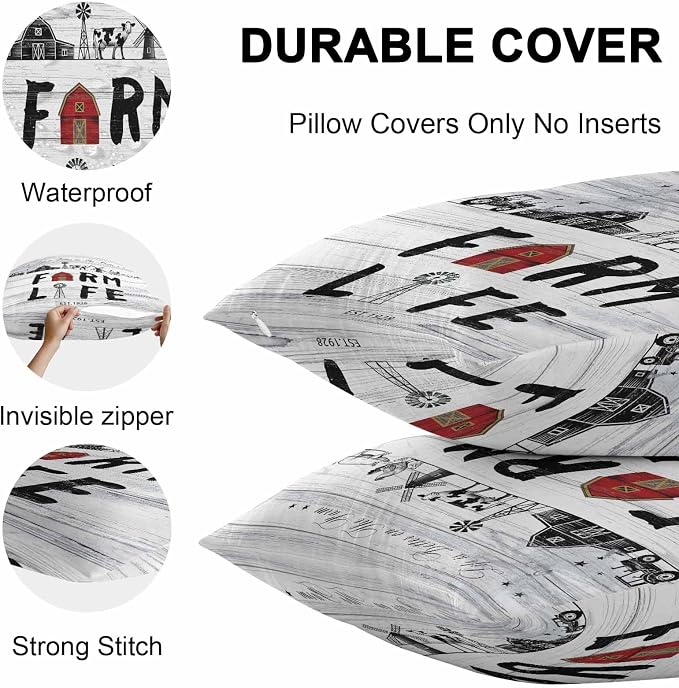 Outdoor Throw Pillows Covers 20x20 inch Set of 2 Waterproof Farm Life Decorative Zippered Cushion Covers for Patio Furniture, Farmhouse Barn Windmill Cow Chicken Tractor Wood Lumbar Pillowcases