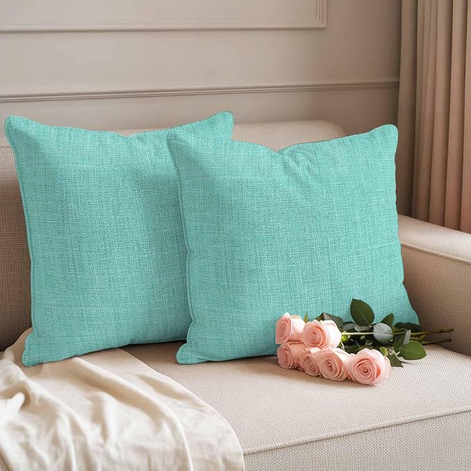 Pack of 2 Waterproof Outdoor Pillow Covers 20x20 Inch Decorative Pillow Covers Turquoise Burlap Texture Throw Pillowcases Farmhouse Vintage Aqua Outdoor Cushion Cover for Couch, Patio, Tent