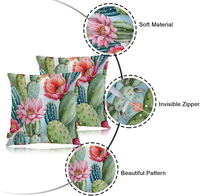 Swono Couch Pillow Cover Set of 2 Cactus, Tropical Cactus Floral Rose Decorative Throw Pillowcase Cushion Cover 18 X 18 Inch Throw Pillows Covers for Sofa Bedroom Car Living Room, Green Pink