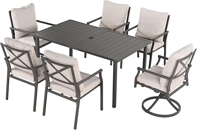 HAPPATIO Patio Dining Set, Powder-Coated Metal Outdoor Table and Chairs Set for 6,4 Chairs and 2 Swivel Rockers with Thick Cushions, 60" Rectangular Table with 1.5" Umbrella Hole for Deck Backyard