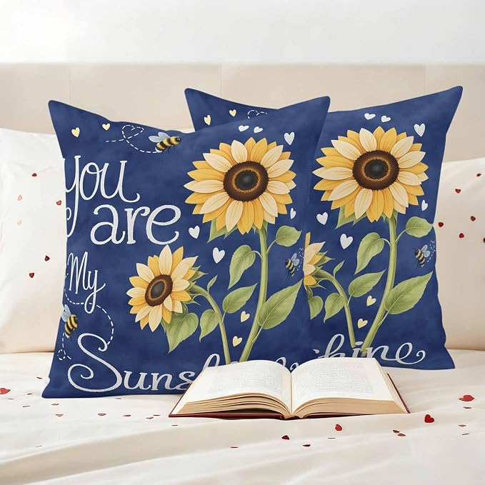 Outdoor Pillow Covers You are My Sunshine Words Decorative Throw Pillow Covers, Farm Sunflowers Bee on Blue Throw Cushion Case with Zipper for Patio,Couch,Sofa,Garden 16x16in Set of 2