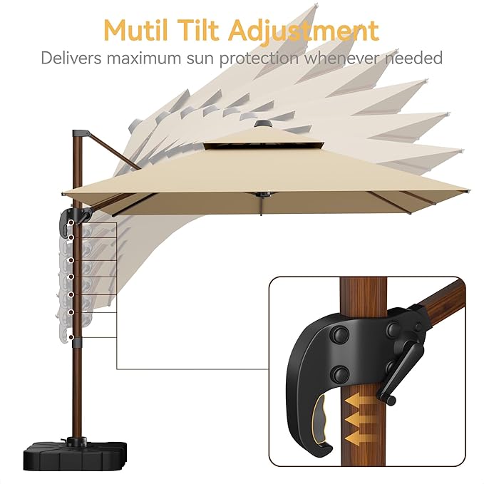 10x13 FT Wood Pattern Patio Umbrella with Base, Large Deluxe Cantilever Rectangular Double Top Heavy Duty Offset Umbrellas with 360° Rotation, Outdoor shade for Garden Pool Patio, Beige