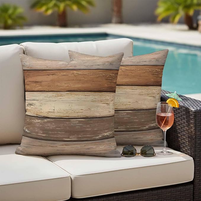 Farmhouse Beige Brown Outdoor Waterproof Pillow Covers, Vintage Wooden Striped Decorative Square Throw Pillowcase Sofa Cushion Sham for Patio/Couch/Chair, 26"x26" 2 Pack
