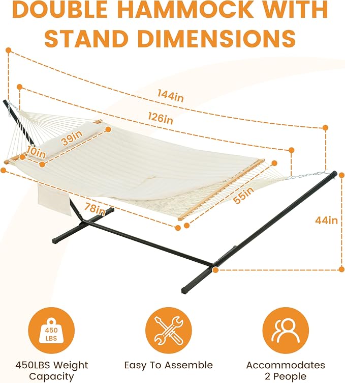 Lazy Daze Hammocks 2 Person Portable Hammock with 12FT Stand, Double Hand Woven Cotton Rope Hammock with Detachable Quilted Pad & Pillow for Outside, 450lb Capacity, Natural