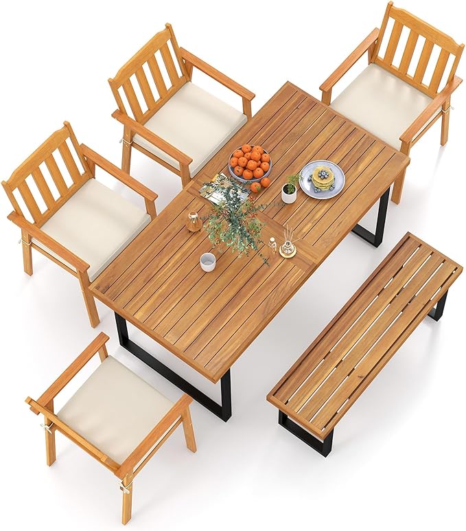 Tangkula 6 Pieces Patio Dining Table Set, 63” Rectangle Acacia Wood Table with Umbrella Hole and 4 Cushioned Armchairs and Backless Bench, Outdoor Dinette Furniture for Garden Yard Kitchen