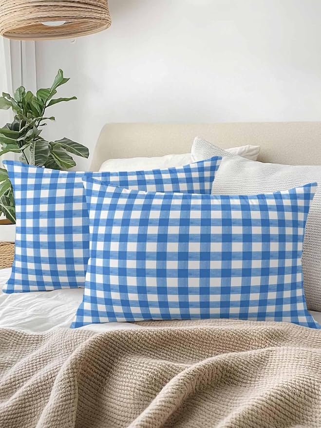 Outdoor Waterproof Throw Pillows Light Blue Gingham Check Patio Pillows,Decorative Pillow Covers with Insert,Pillow Cushion Case for Garden Couch Sofa Country Classic Plaid