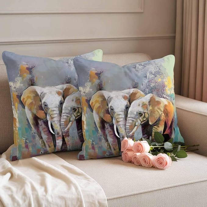 Elephants Outdoor Pillow Covers 16"x16" Set of 2, Animal Abstract Splatters Bohemian Waterproof Throw Pillow Covers for Patio Furniture, Decorative Cushion Covers for Porch