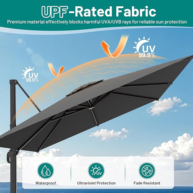 AreShark 9 × 9FT Square Cantilever Patio Umbrella with Base Included, 360° Rotation Offset Outdoor Umbrella, 5 Tilt Settings Heavy Duty Hanging Parasol for Deck Garden Pool, Grey