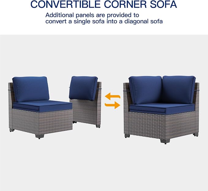 6 Pieces Patio Furniture Sets with Glass Tea Table,PE Rattan Wicker Patio Conversation Set with Washable Cushions,Outdoor Patio Sectional Furniture Set for Backyard, Poolside, Garden,Navy