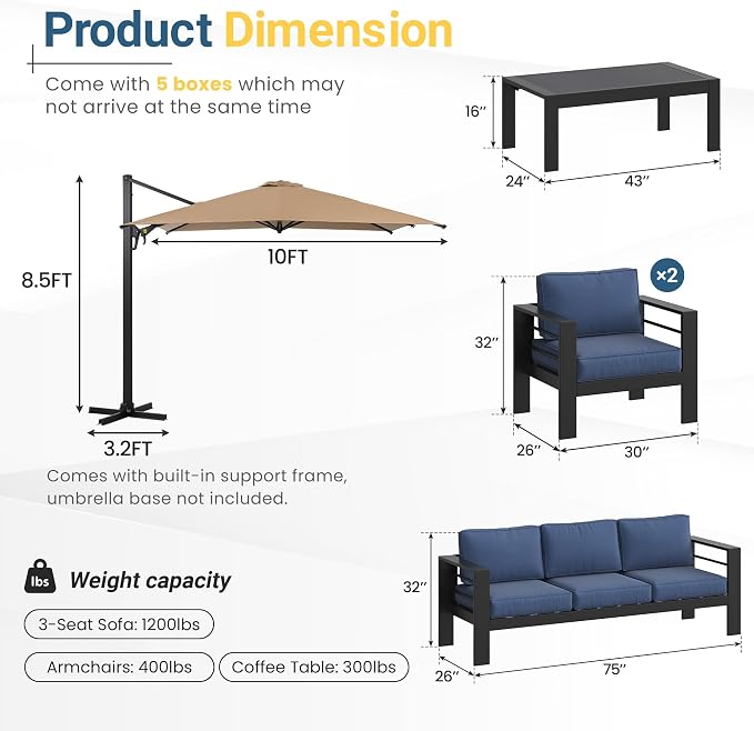 Wisteria Lane 5 Pieces Aluminum Patio Furniture Set with Umbrella, All Weather Oversized Outdoor Furniture Set with Deep Seat and Back Cushion, Patio Conversation Sets with Wide armrest, Blue & Kahki