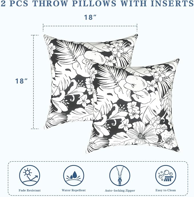 LVTXIII 2 Pack Outdoor Pillows 18x18 Inch, Square Throw Pillows with Inserts, Decorative Water-Repellent Pillow Cushions for Patio Furniture and Garden Sofa, Noir Floral