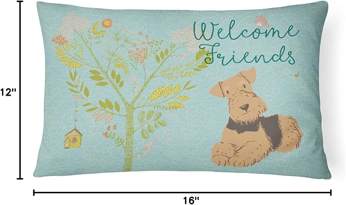 Caroline's Treasures BB7625PW1216 Welcome Friends Airedale Terrier Canvas Fabric Decorative Pillow Machine Washable, Indoor Outdoor Decorative Pillow for Couch, Bed or Patio, 12HX16W