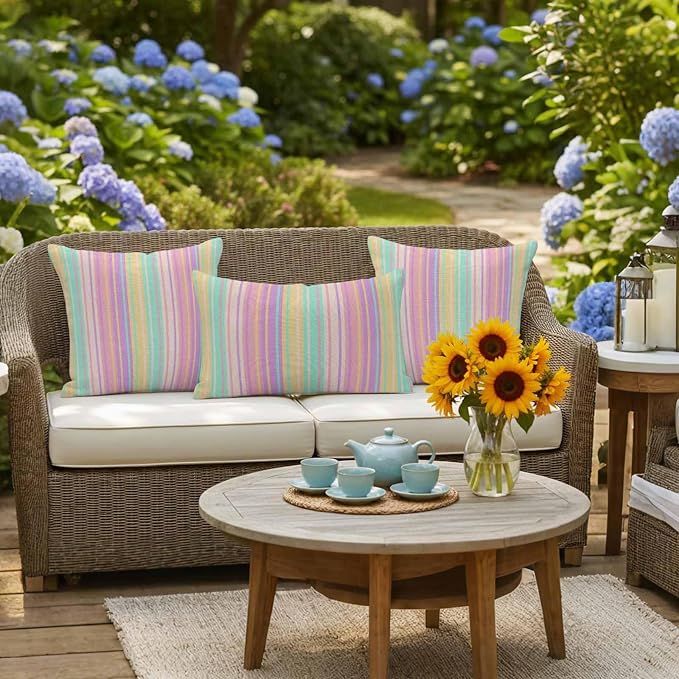 Pink Aqua Stripe Outdoor Pillow Covers 24x24 Inch Throw Pillow Covers Set of 2 Waterproof Decorative Pillow Cases Yellow Geometric Country Geometric Cushion Covers for Patio Furniture Garden Couch