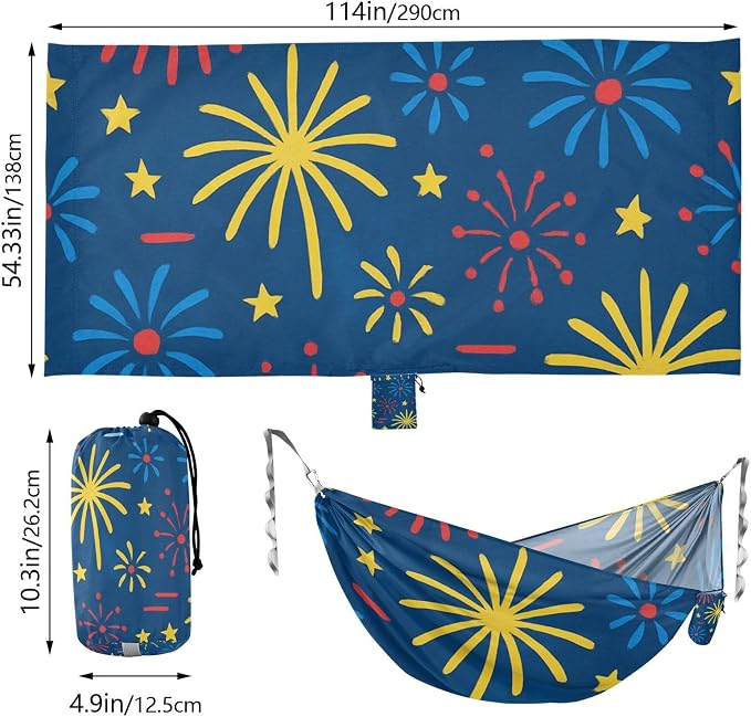 4th_July_Fireworks_Picture_Book_Pattern Outdoor Hammock with Hanging Rope Backyard Hammock for Outside Patio Backyard Poolside