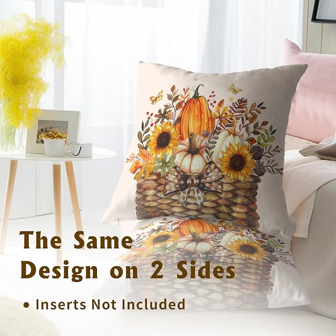 Fall Farmhouse Pillow Covers 16x16 Inch, Set of 2 Autumn Pumpkin Sunflowers Leaves Basket Square Cotton Pillowcases for Couch Sofa Living Room Bedroom Indoor Outdoor Decor