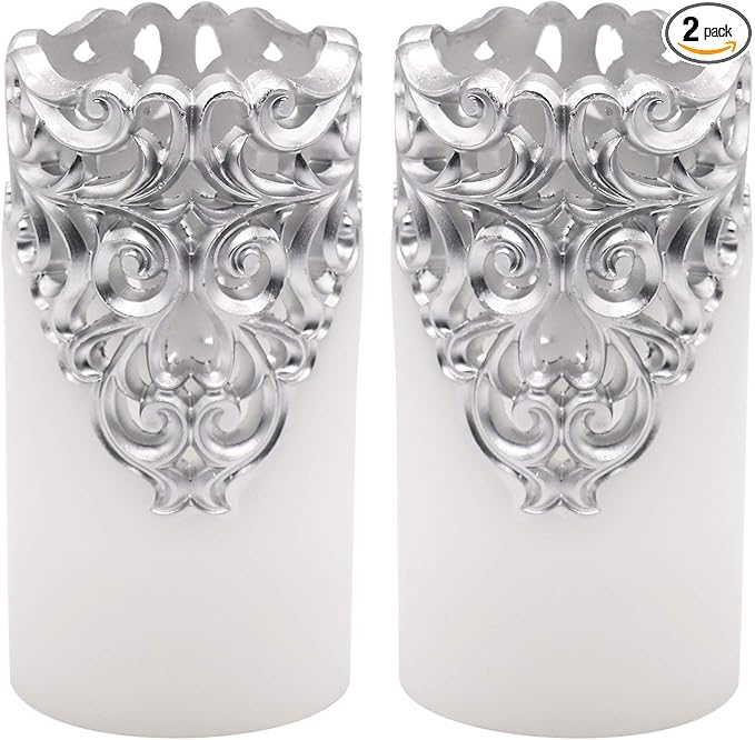 Eldnacele Flameless Christmas Silver Candles with 5H Timer, Flickering Real Wax Battery Operated Pillar Candles for Christmas Party Decoration Silver (D3 x H6)