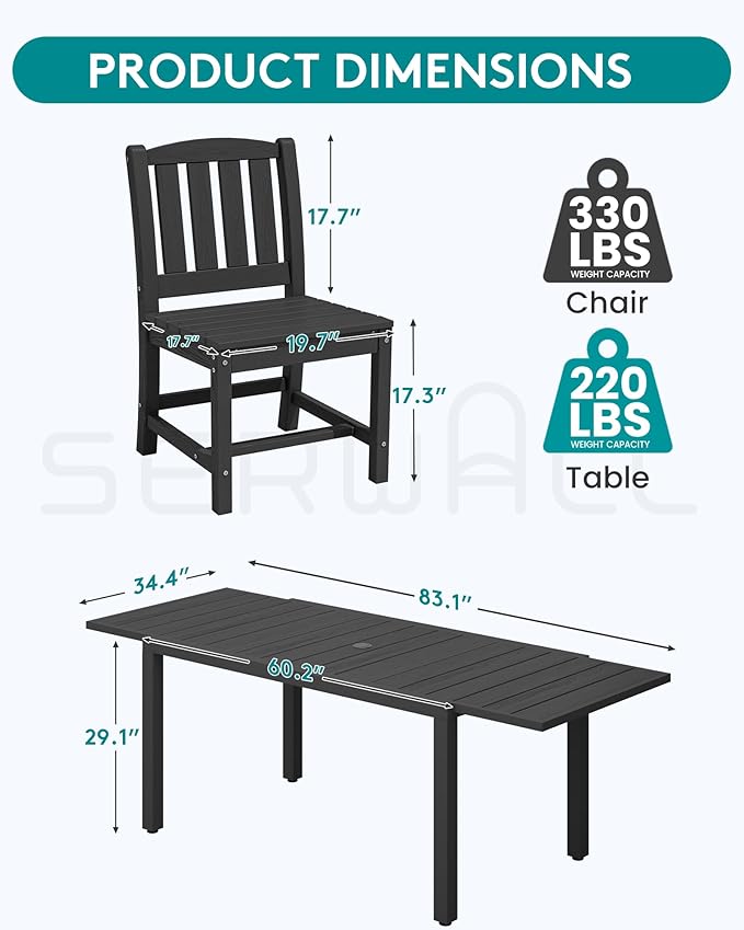 SERWALL Outdoor Dining Chairs Set of 2, All-Weather HDPE Patio Armless Chairs, Black