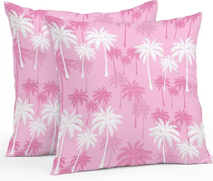 Throw Pillow Covers 18x18 Inch Set of 2, Tropical Palm Tree Waterproof Outdoor Pillow Covers, Magenta Pink Plants Coastal Leaf Beach Decorative Cushion Pillowcases for Couch, Sofa, Bed, Garden, Patio
