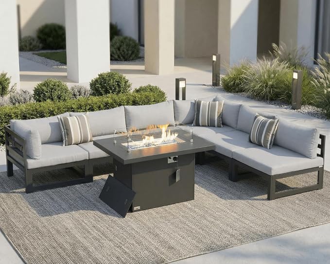 NICESOUL Powder Coated Aluminum Patio Furniture Set with Fire Pit Table, 7 Piece Deep Seat Extra Wide Outdoor Sectional Sofa for 6, L Shaped Luxury Large Conversation Set for Poolside, Light Gray