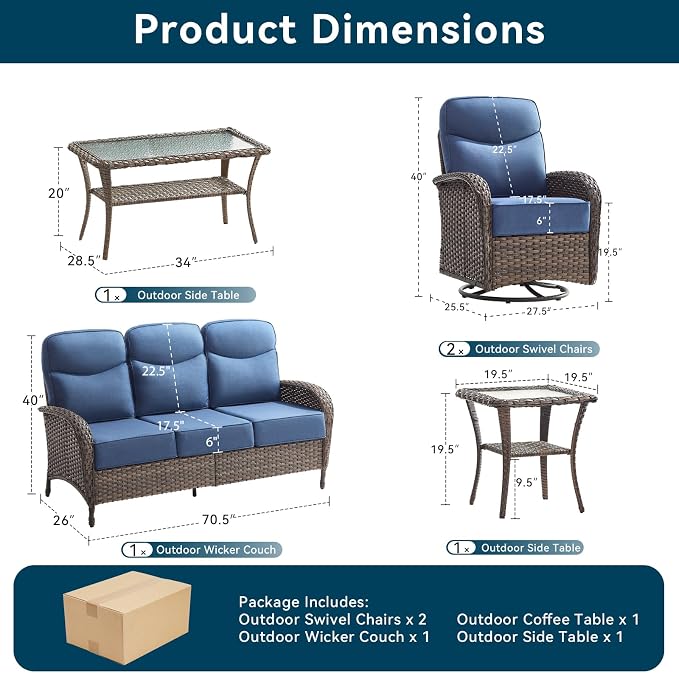 5 Pieces Luxury Patio Furniture Sets with 6-Inch Thick Cushions, High Back Swivel Outdoor Rocking Chairs Set of 2 with Multifunctional Ottoman, Wicker Conversation Set for Porch Garden, Blue