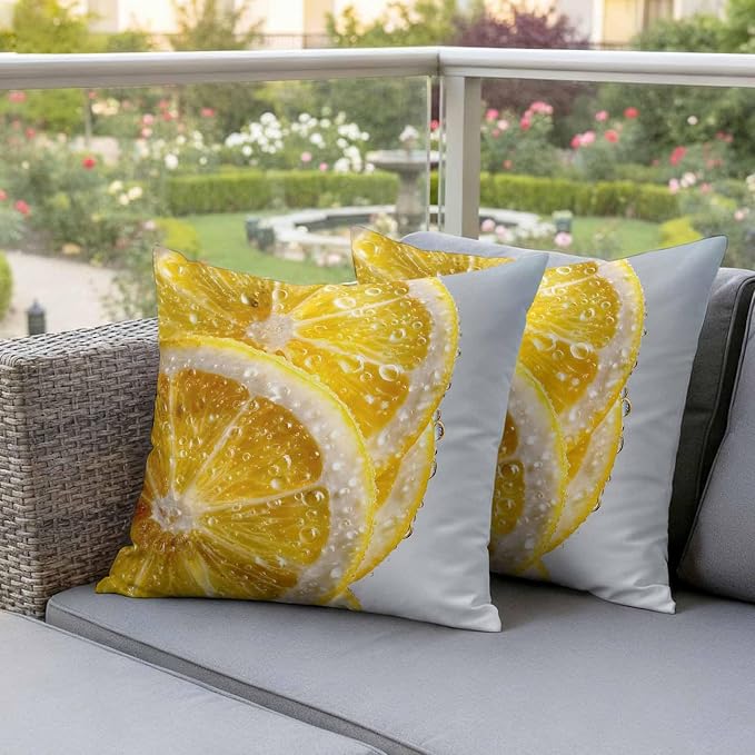 Yukro Lemon Slices Outdoor Waterproof Pillow Covers Pack of 2, Water Droplets Summer Yellow Fruit Throw Pillowcases Decorative Cushion Covers for Garden Patio Tent Sofa Couch, 18x18 inch